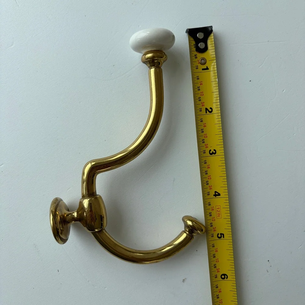 Vintage Brass Double Wall Hook with White Porcelain Ceramic Finial Finial 5.5in